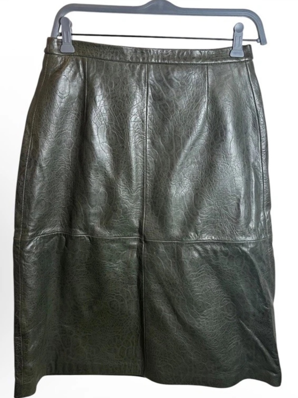Vintage Jerry Lewis Genuine Leather Olive Green Paneled Midi Skirt Size 10